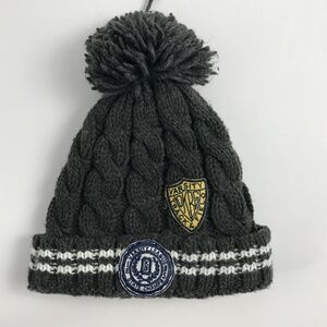 OshKosh BGosh pom pom hat gray knit with varsity patches size 4-7 yrs